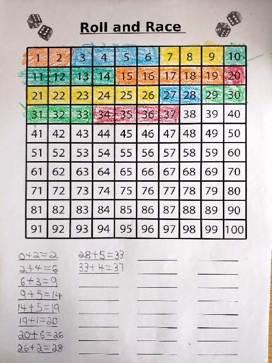 image of 100 grid roll and race worksheet